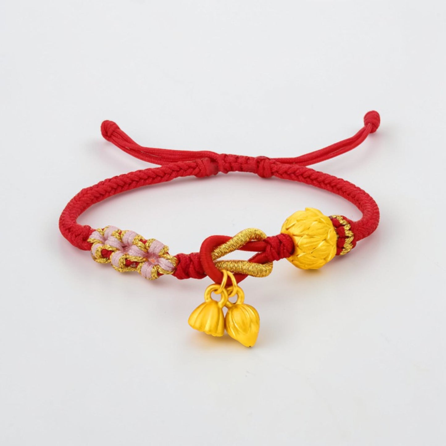 24K 999 Gold Lotus Flower Lucky Charm with Braided Adjustable Bracelet