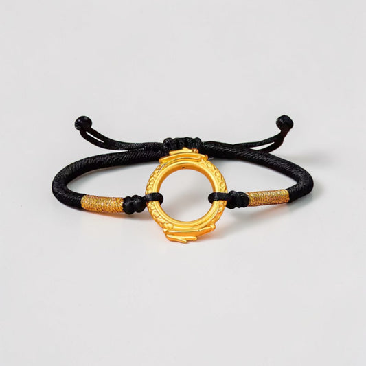 24K 999 Gold Dragon Charm Black Braided Bracelet