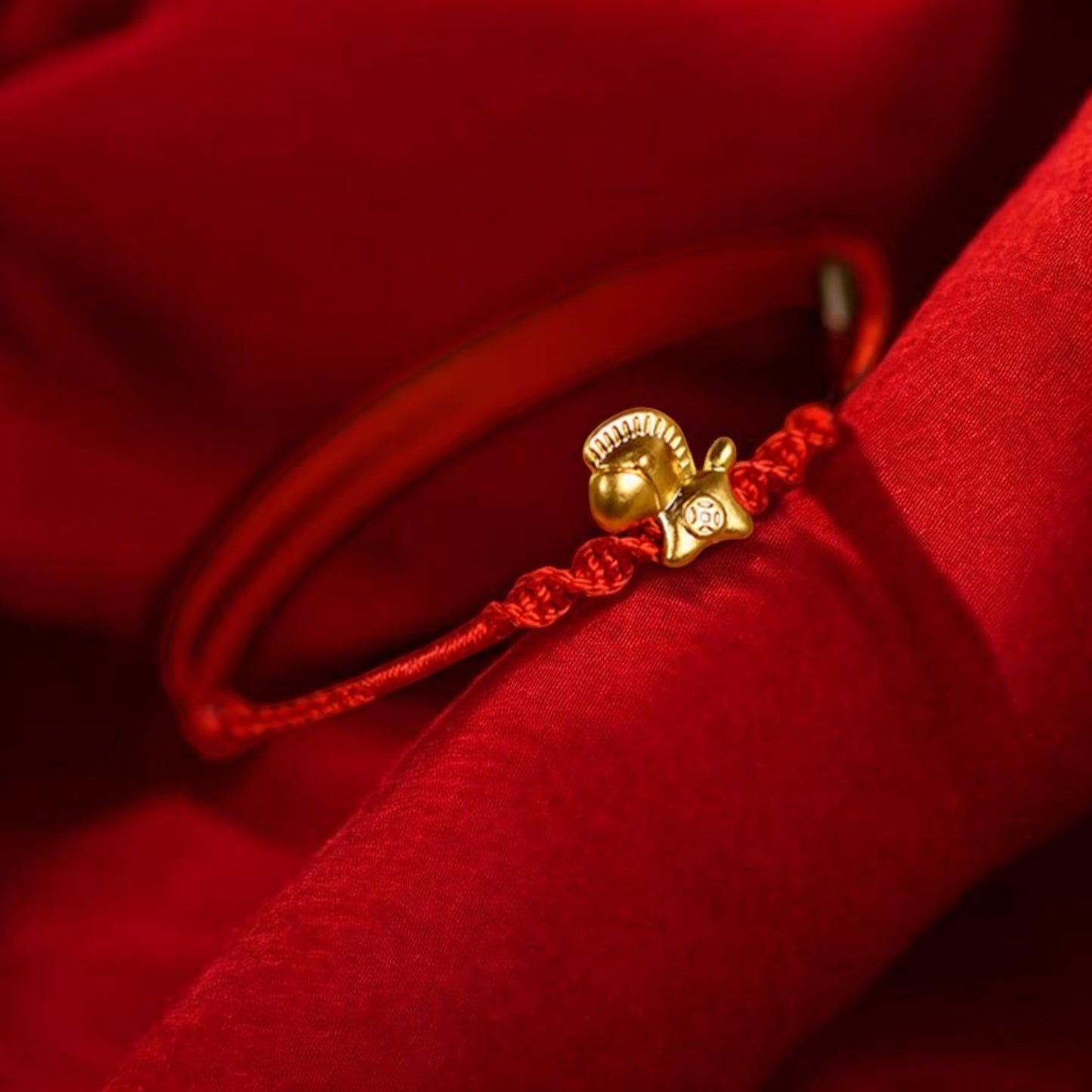 24K 999 Gold Mini Zodiac Horse Charm with Braided Bracelet