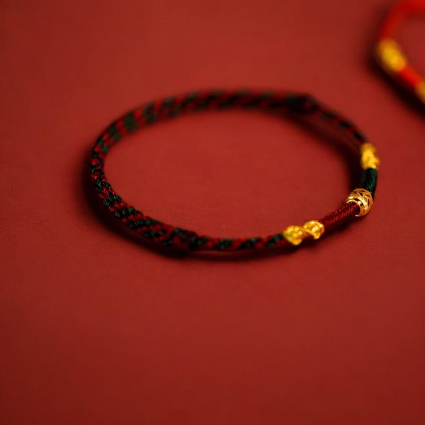 24K 999 Gold Hand-carved gold lucky bead Charm Braided Rope Bracelet