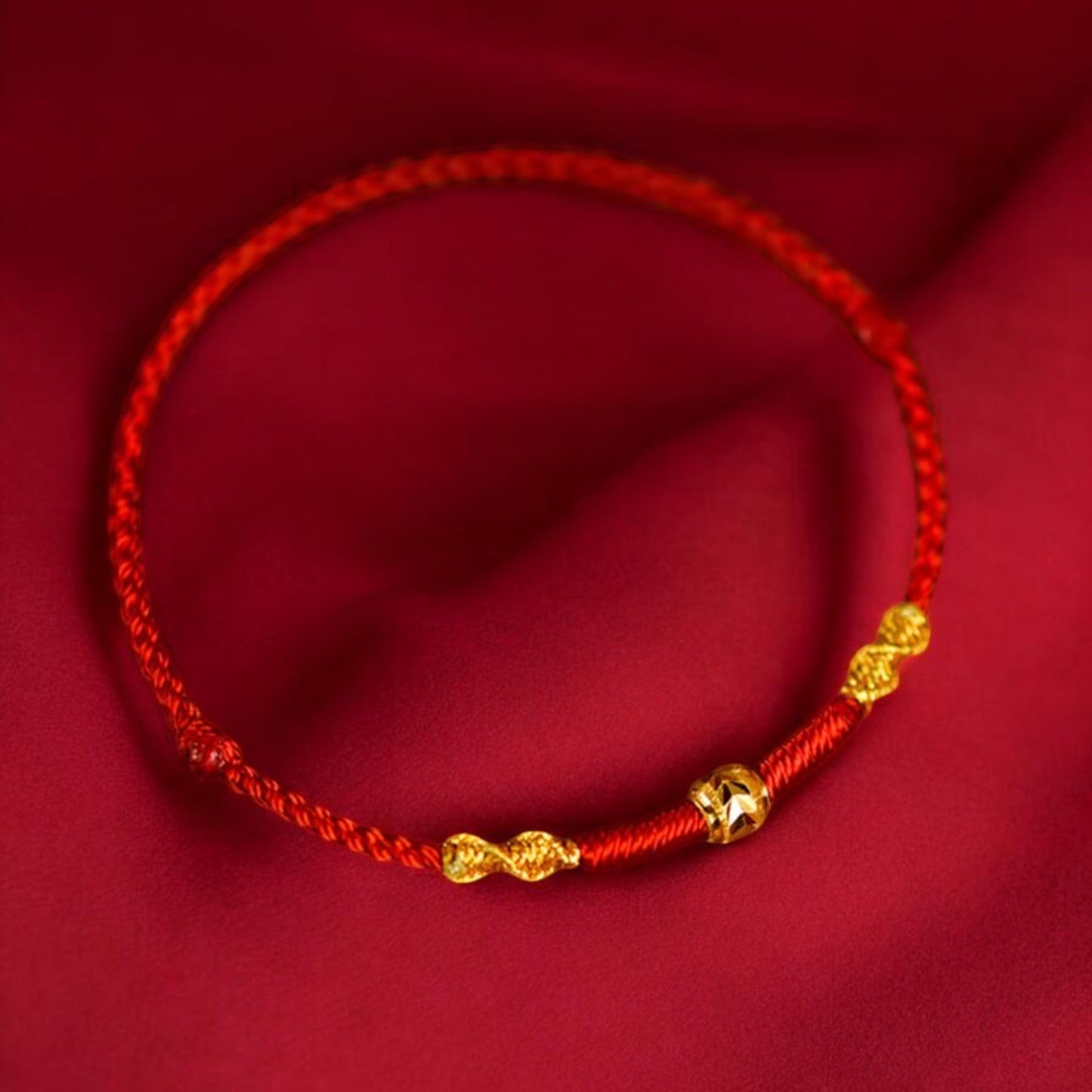 24K 999 Gold Hand-carved gold lucky bead Charm Braided Rope Bracelet
