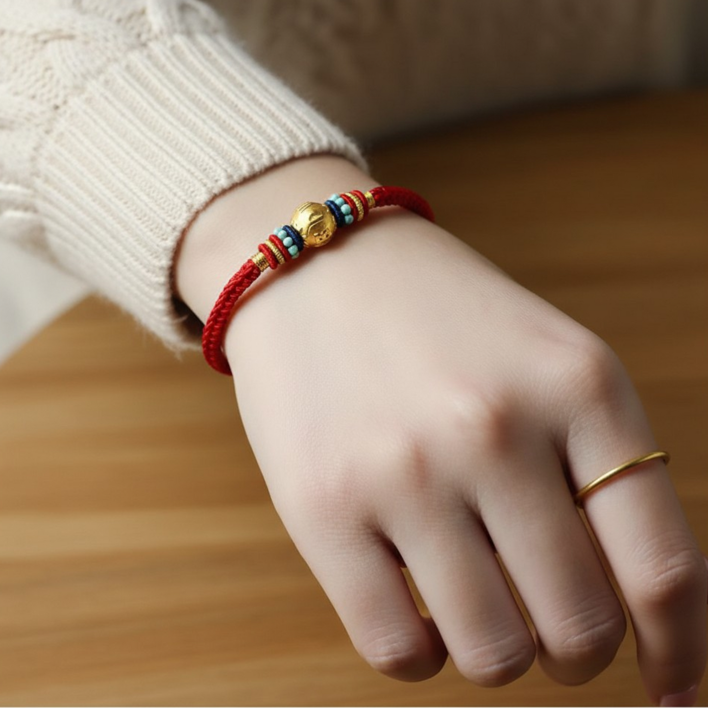 24k 999 Gold The Six-Word Mantra Charm Turquoise Bead Bracelet