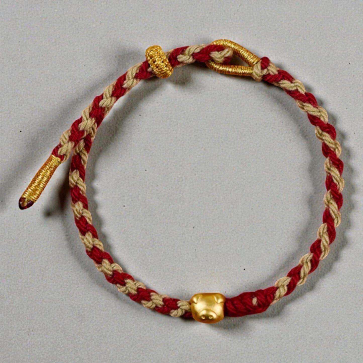 24k 999 Gold Cute Pig Piggy Charm Bring Wealth Braided Rope Bracelet