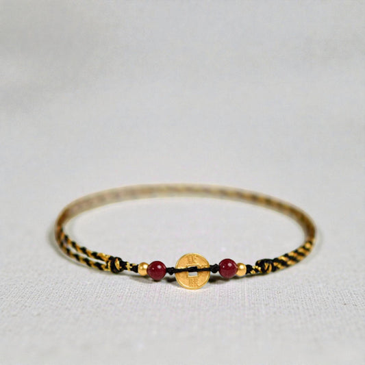 24k 999 Gold Kangxi Tongbao Coin Charm with Braided Bracelet and Anklet