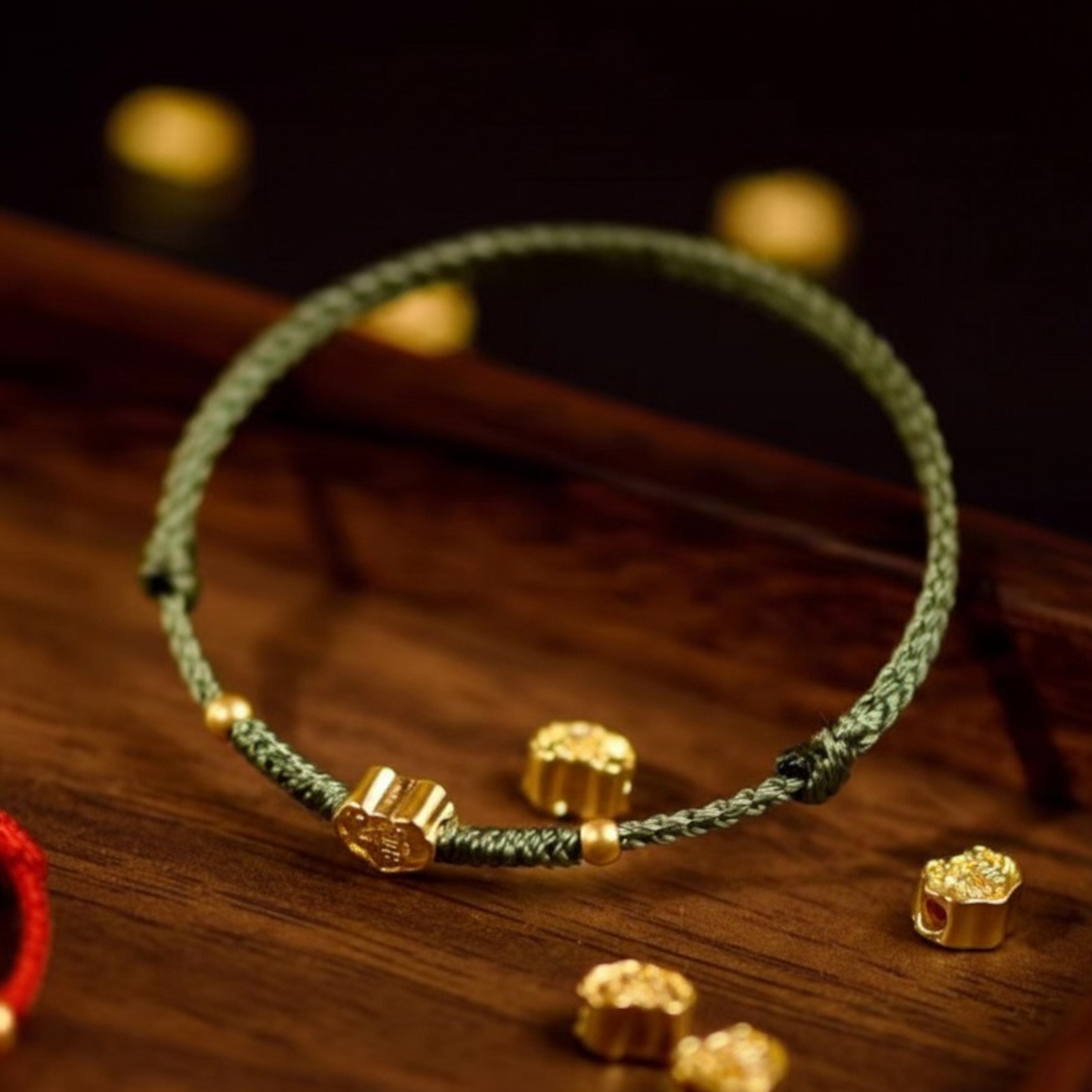 24k 999 Gold Ruyi Lock Charm with Braided Bracelet and Anklet