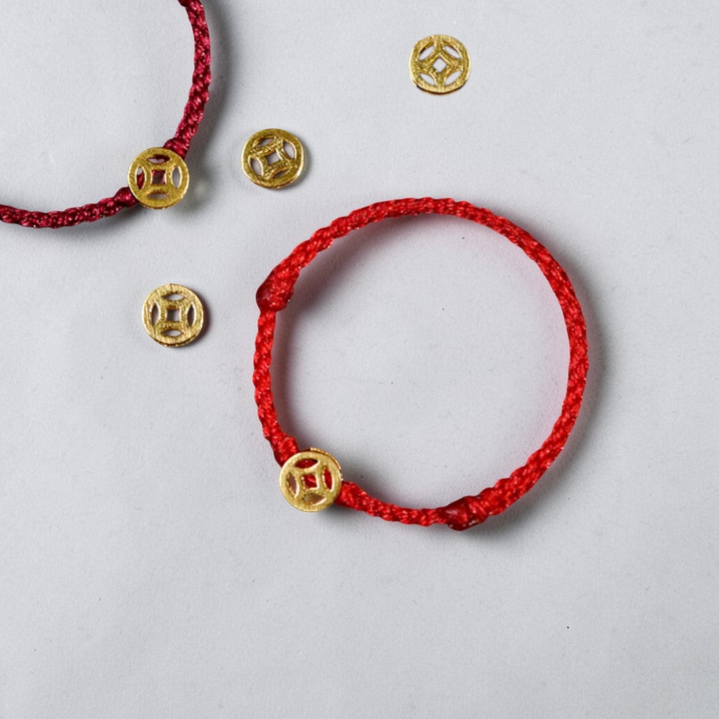 24K Gold Lucky Chinese Coin Rope Adjustable Hand-Woven Ring