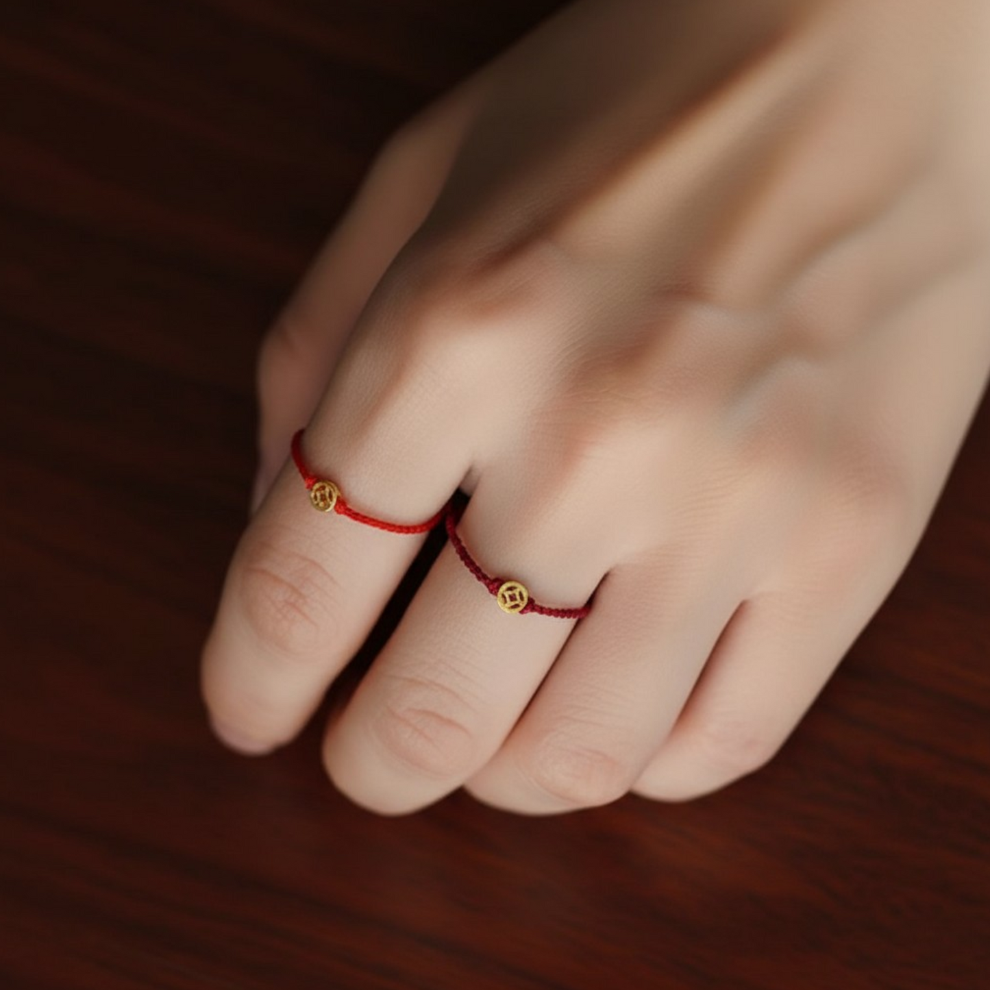 24K Gold Lucky Chinese Coin Rope Adjustable Hand-Woven Ring