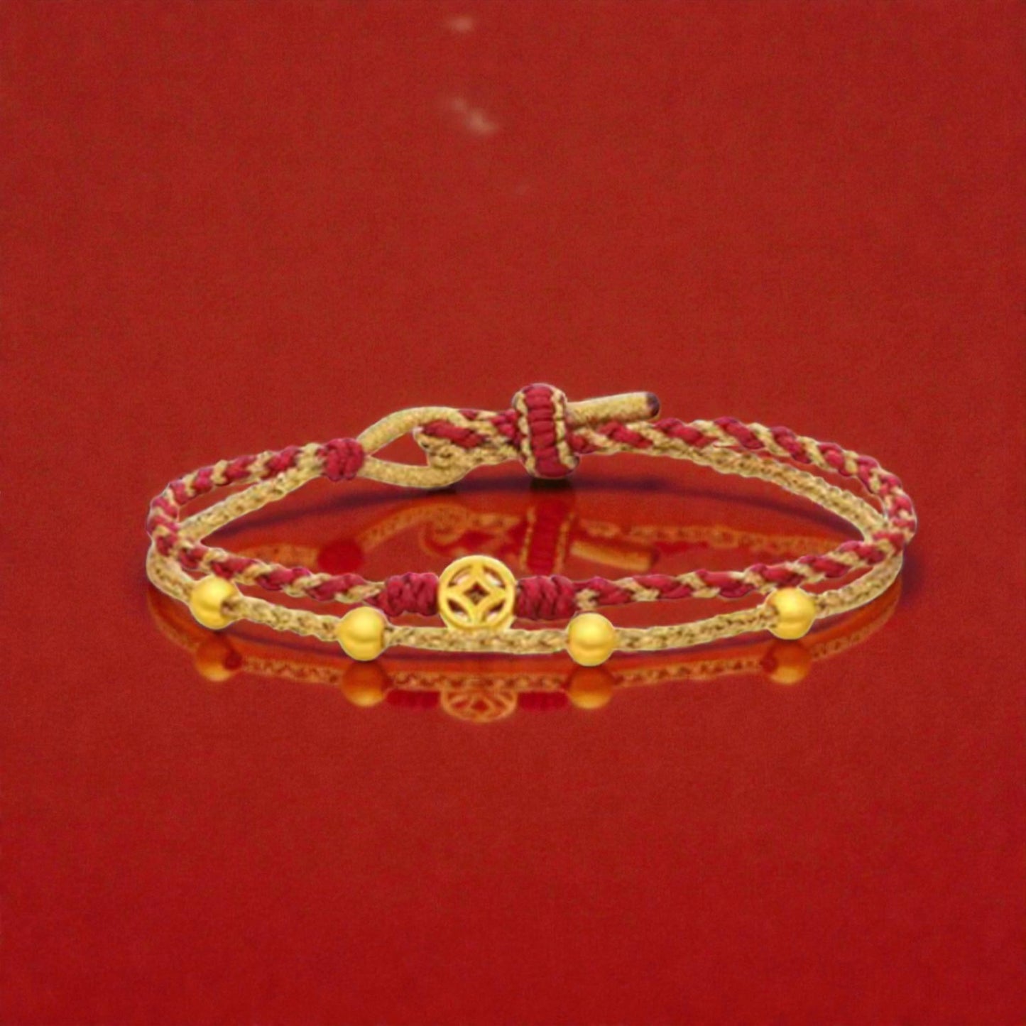 24k 999 Gold Ruyi Ingot Coin Charm Double Layer Rope Braided Bracelet