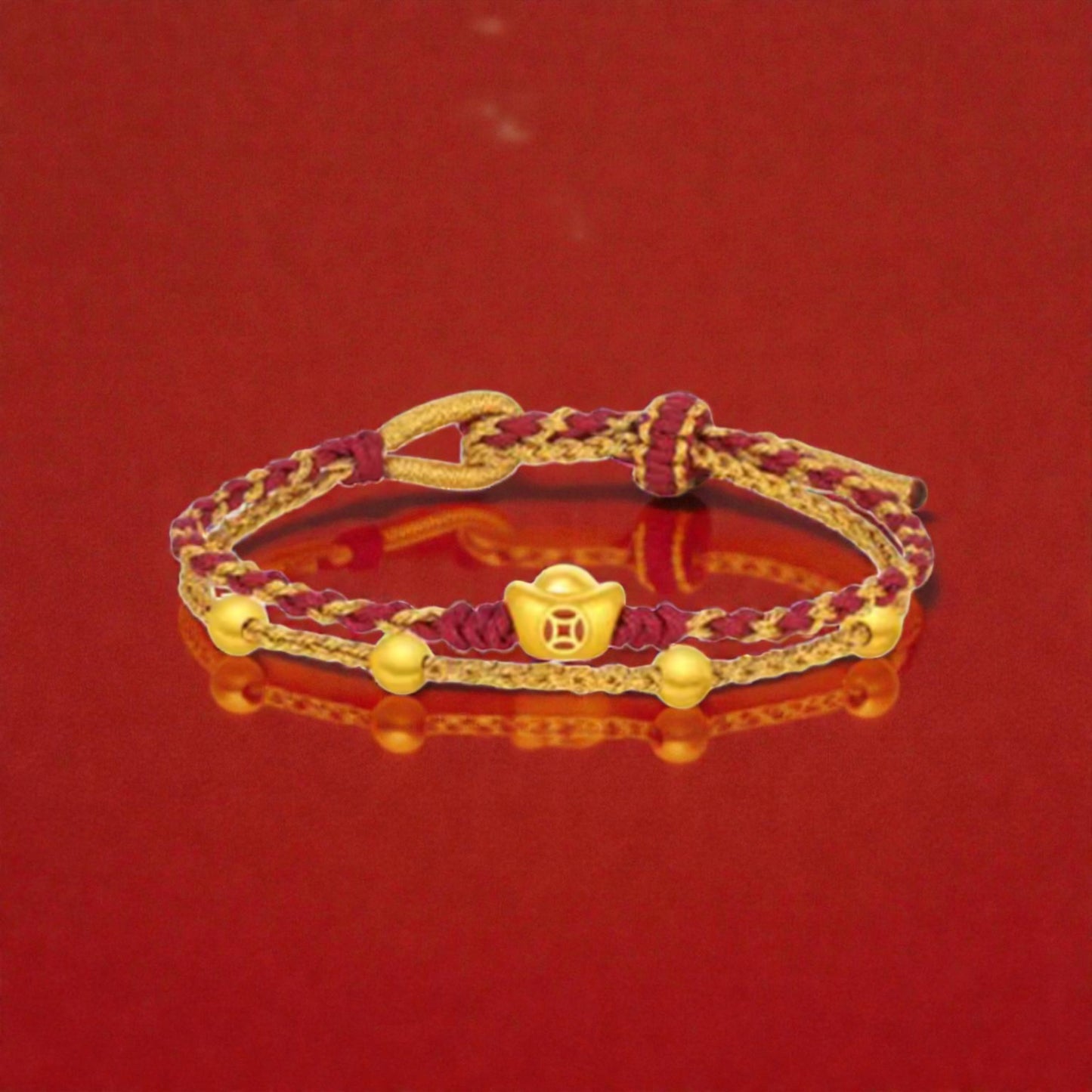 24k 999 Gold Ruyi Ingot Coin Charm Double Layer Rope Braided Bracelet