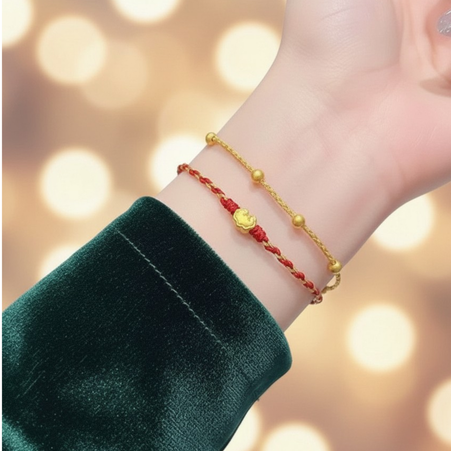 24k 999 Gold Ruyi Ingot Coin Charm Double Layer Rope Braided Bracelet