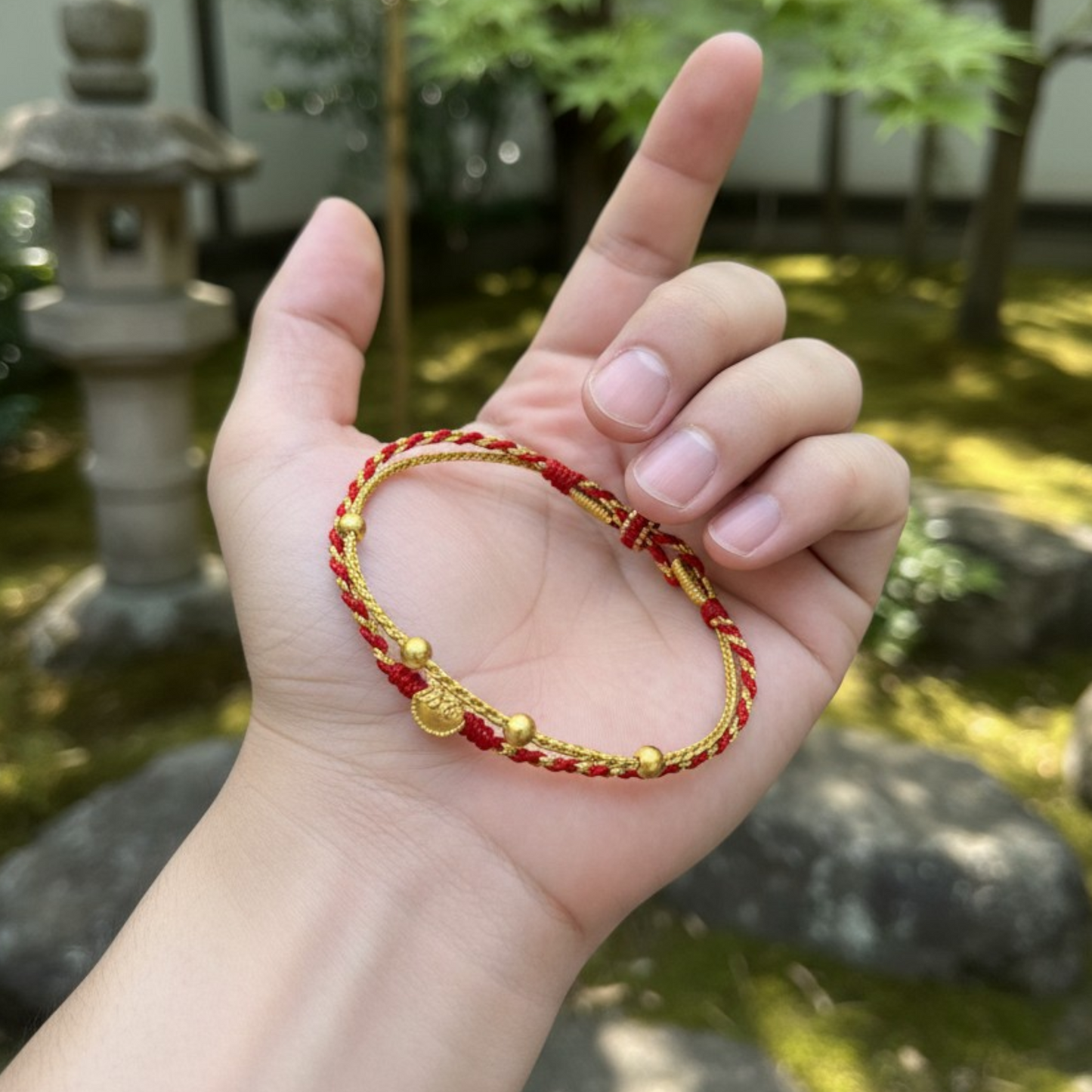 24k 999 Gold Ruyi Ingot Coin Charm Double Layer Rope Braided Bracelet