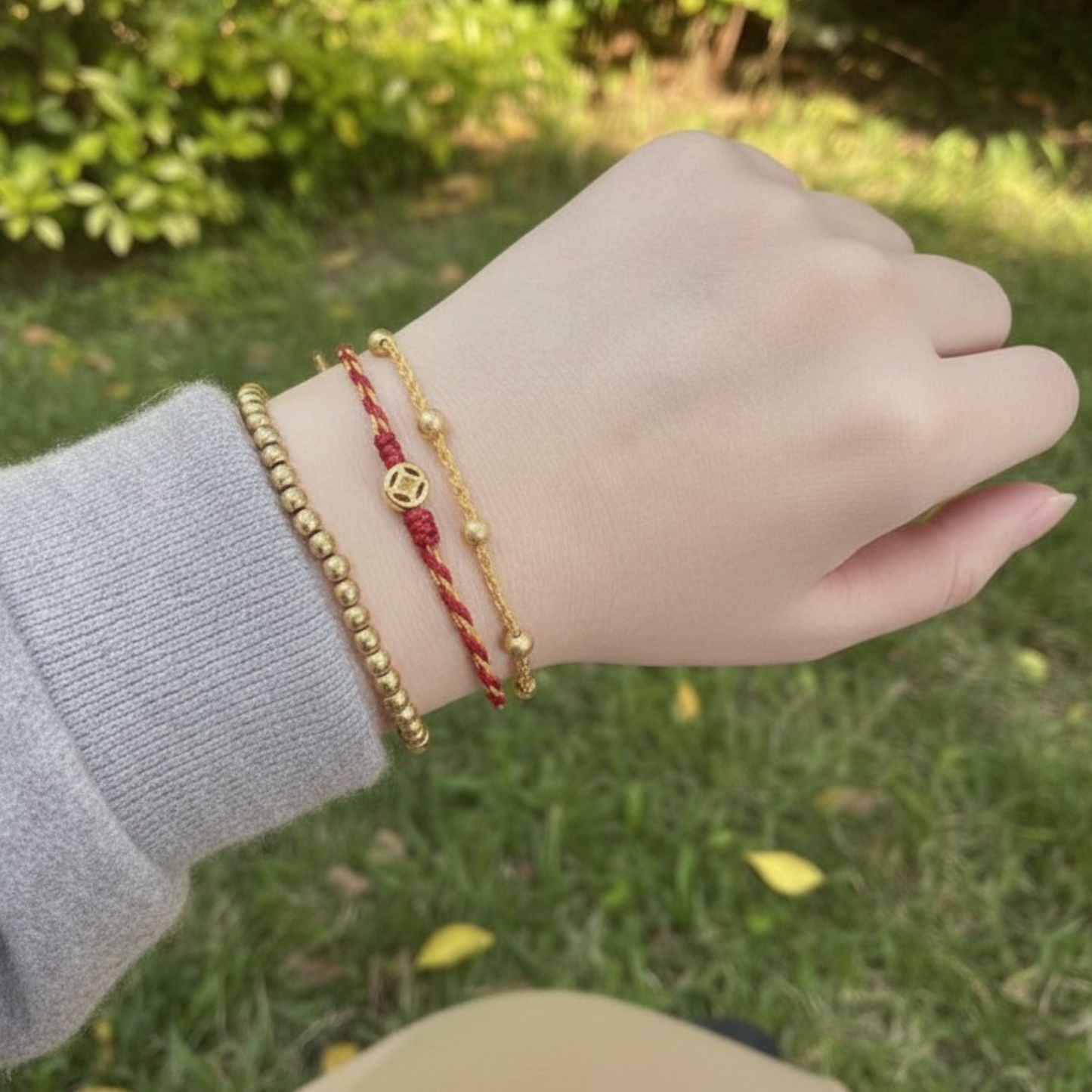 24k 999 Gold Ruyi Ingot Coin Charm Double Layer Rope Braided Bracelet