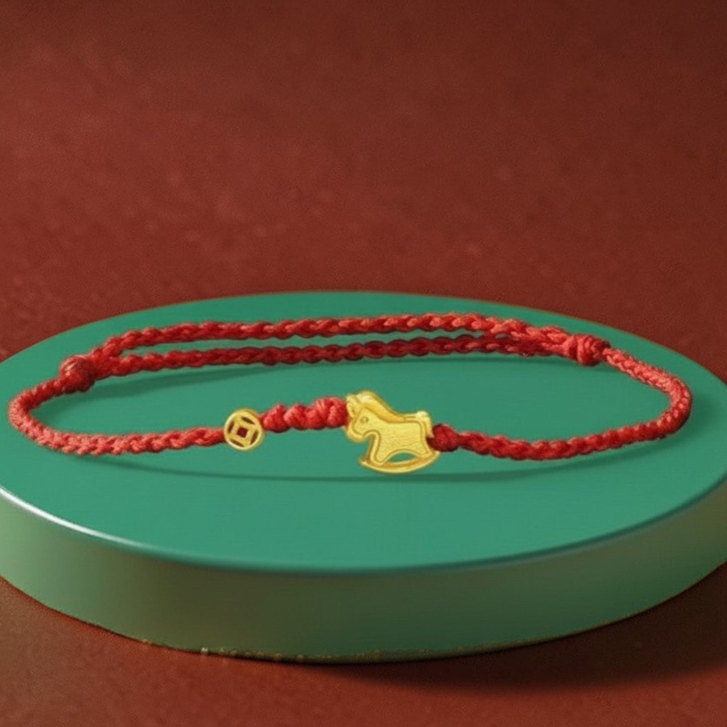 24k 999 Gold Beads Zodiac Rocking Horse Charm Braided Rope Adjustable Bracelet