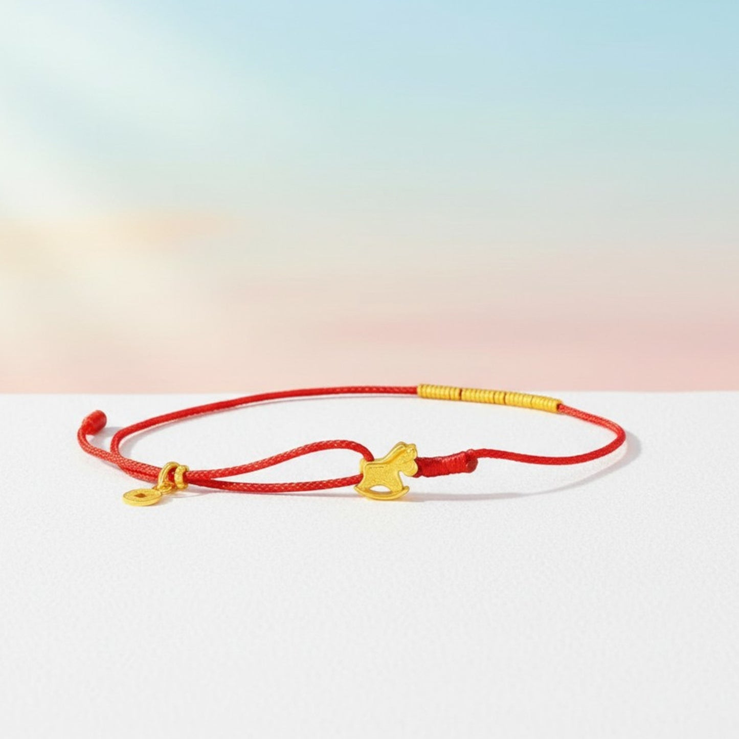 24k 999 Gold Beads Zodiac Rocking Horse Charm Braided Rope Adjustable Bracelet