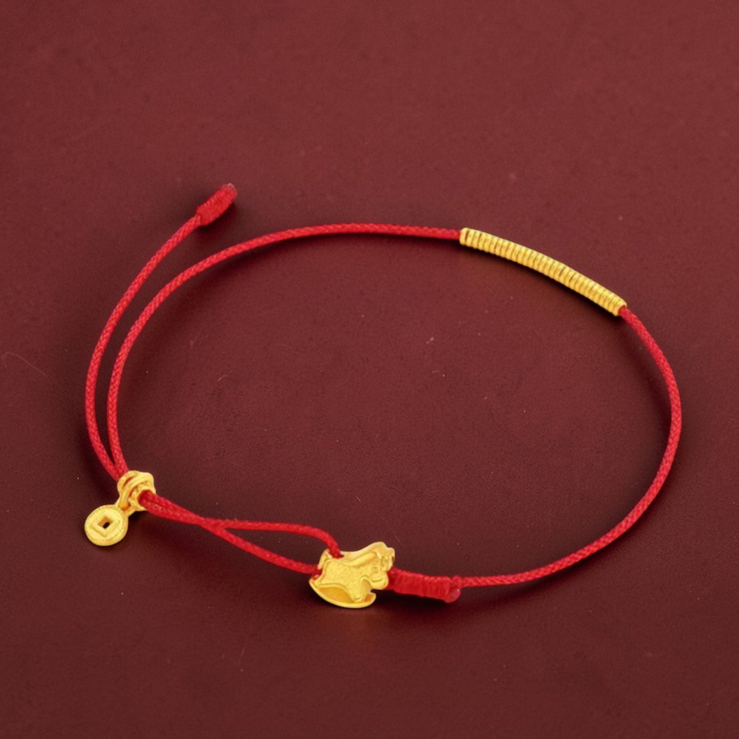 24k 999 Gold Beads Zodiac Rocking Horse Charm Braided Rope Adjustable Bracelet