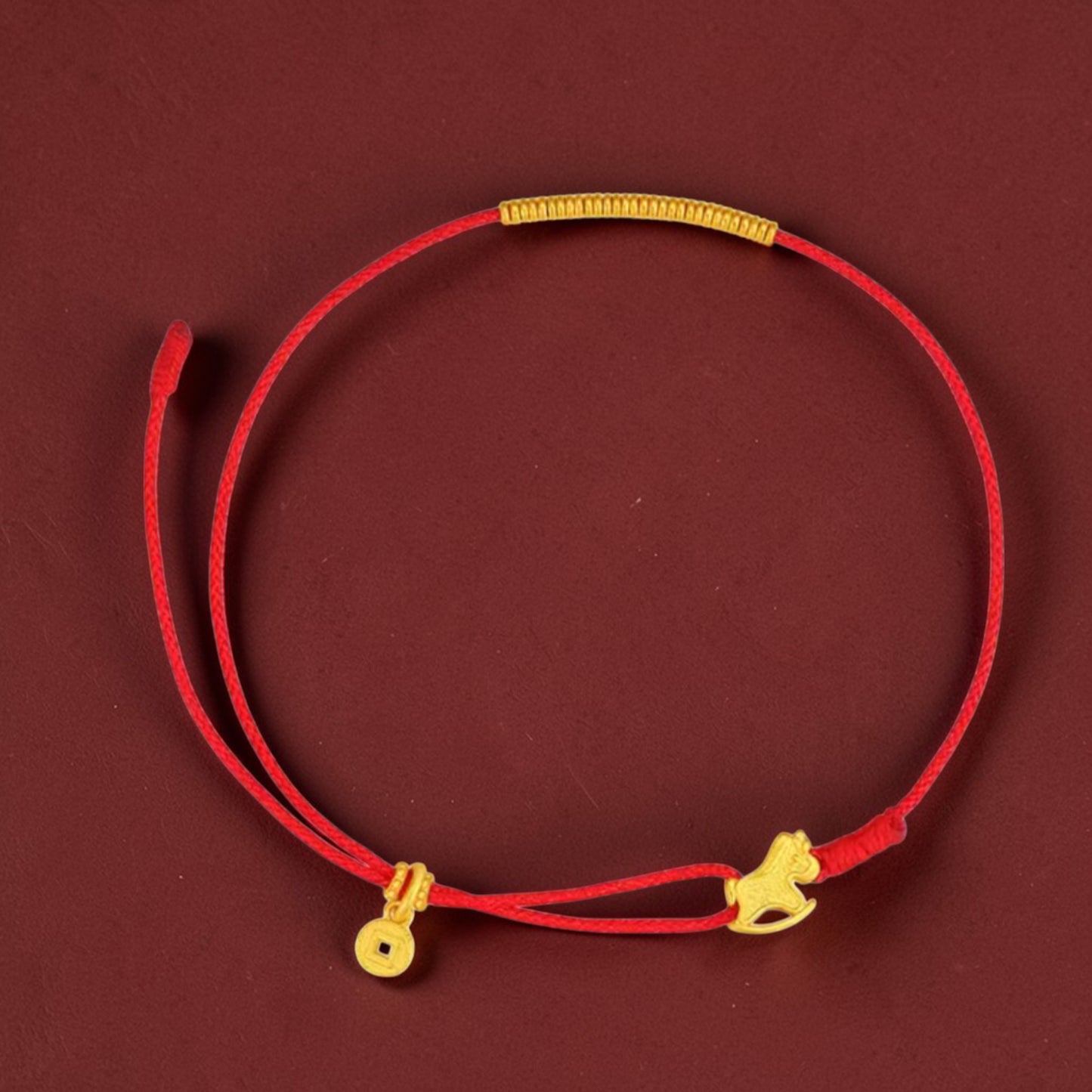 24k 999 Gold Beads Zodiac Rocking Horse Charm Braided Rope Adjustable Bracelet