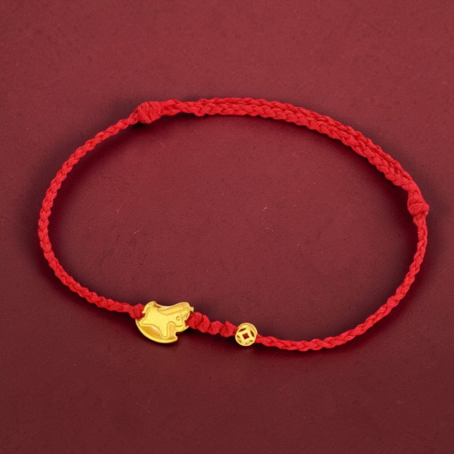24k 999 Gold Beads Zodiac Rocking Horse Charm Braided Rope Adjustable Bracelet