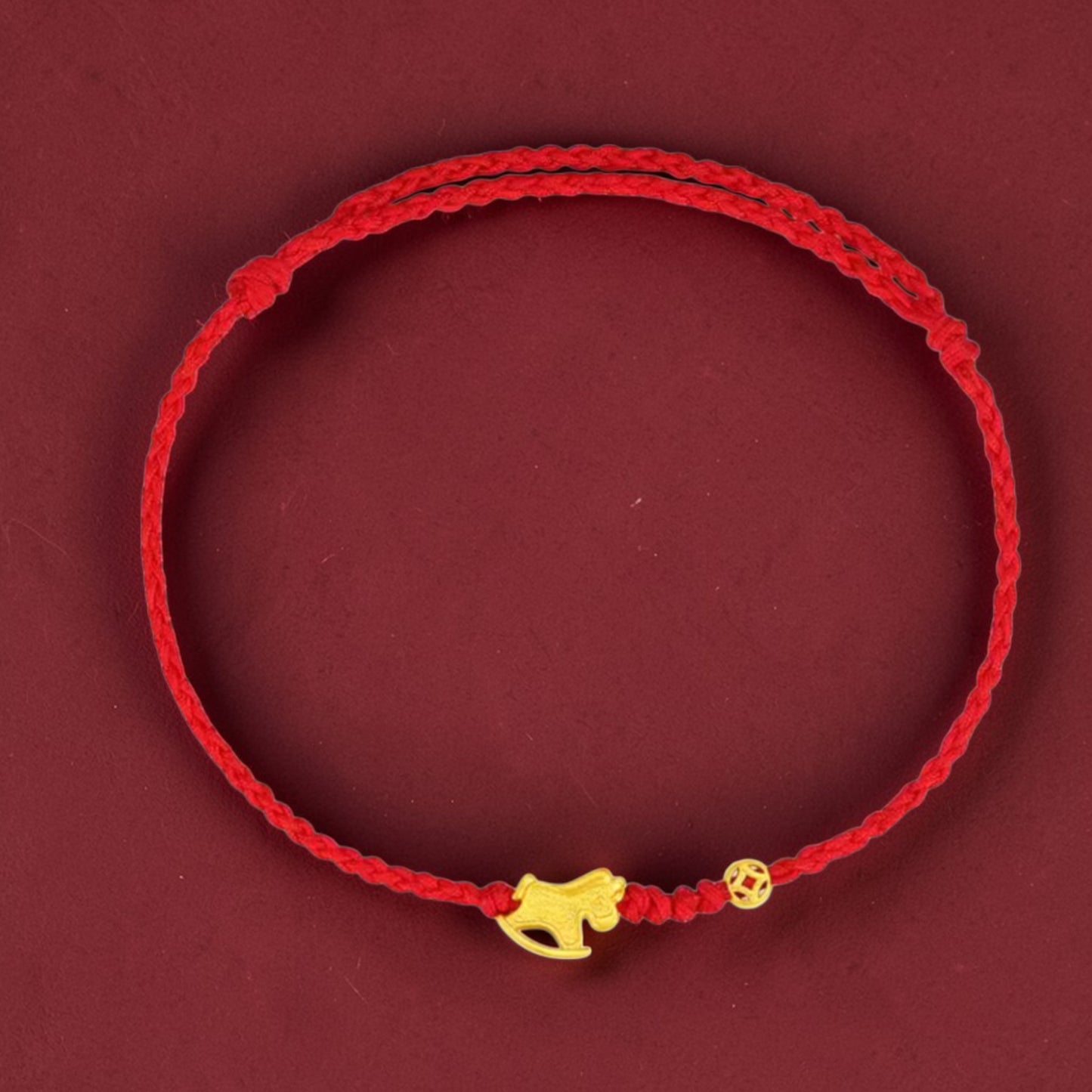 24k 999 Gold Beads Zodiac Rocking Horse Charm Braided Rope Adjustable Bracelet