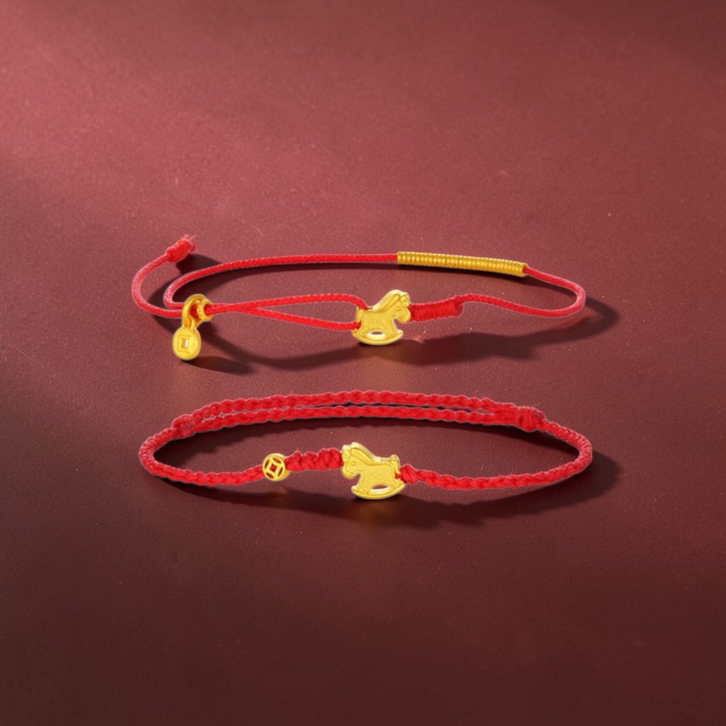 24k 999 Gold Beads Zodiac Rocking Horse Charm Braided Rope Adjustable Bracelet