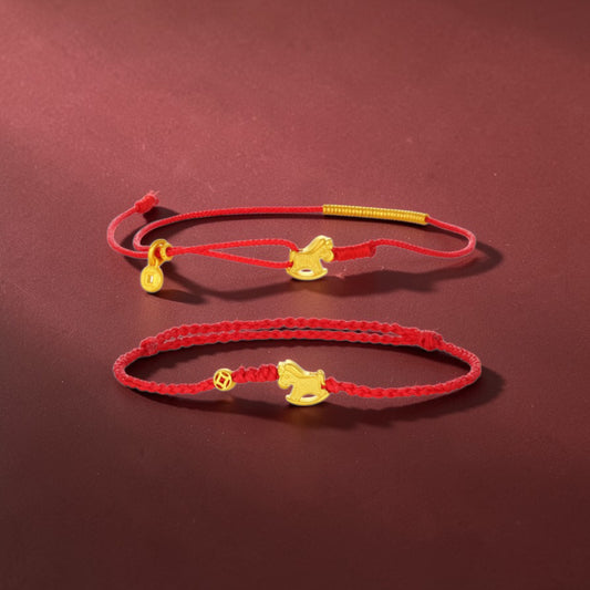24k 999 Gold Beads Zodiac Rocking Horse Charm Braided Rope Adjustable Bracelet