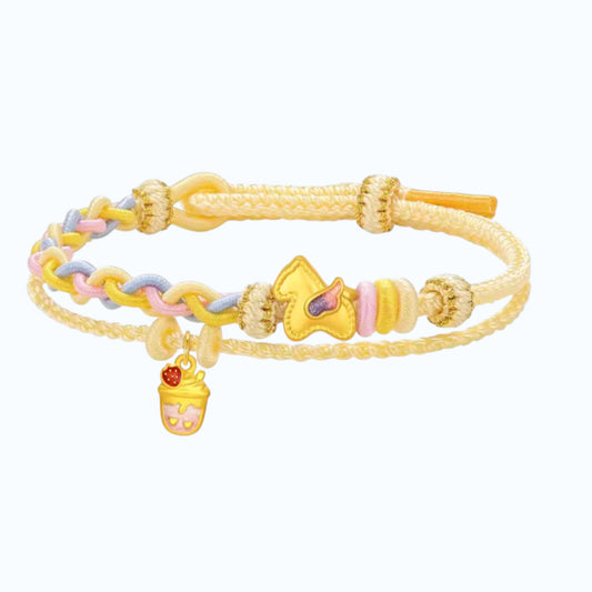24k 999 Gold 5D Hard Gold Horse and Donut Icecream Charm Braided Bracelet