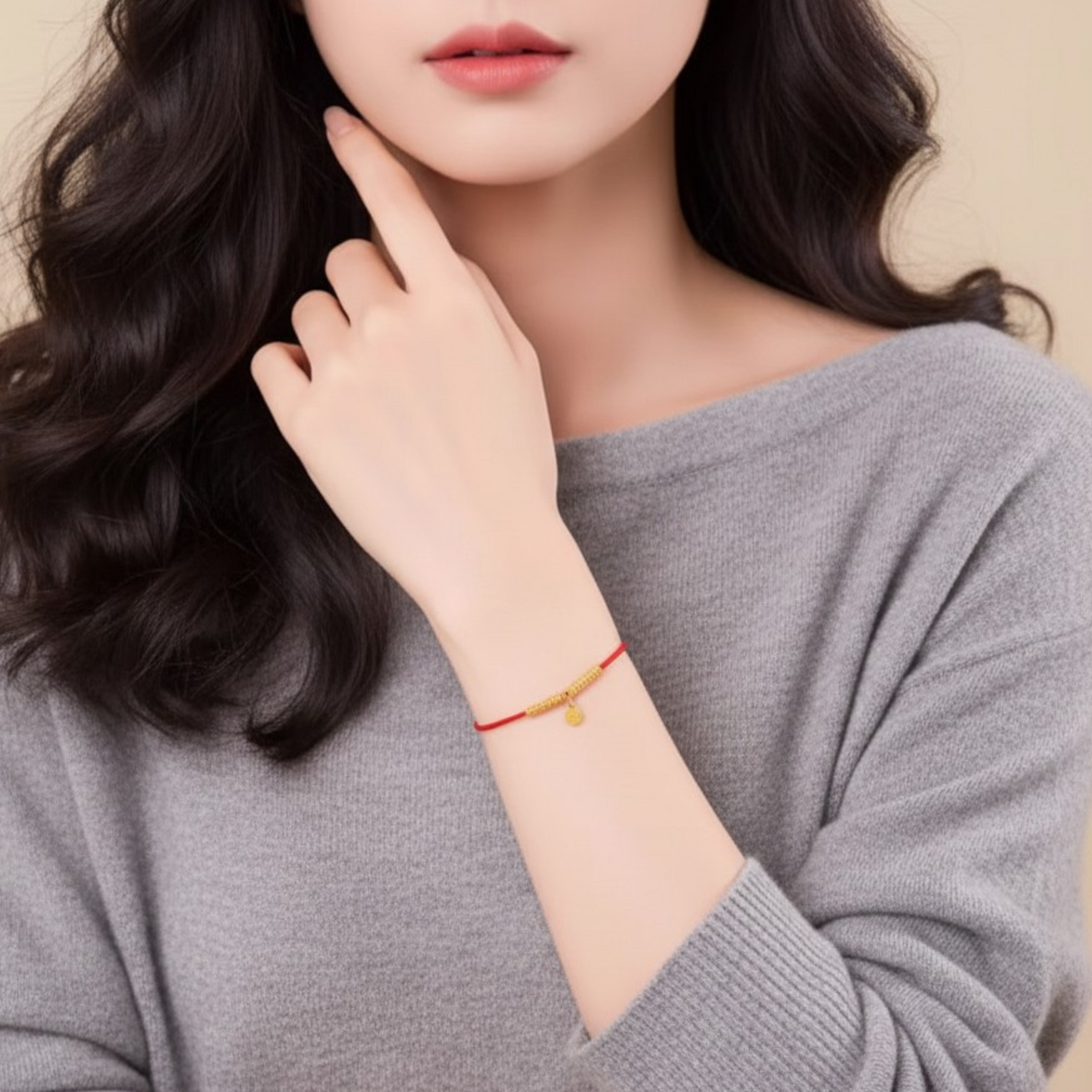 24k 999 Gold Minimal Chinese Blessing Fu Charm Beads Rope Bracelet