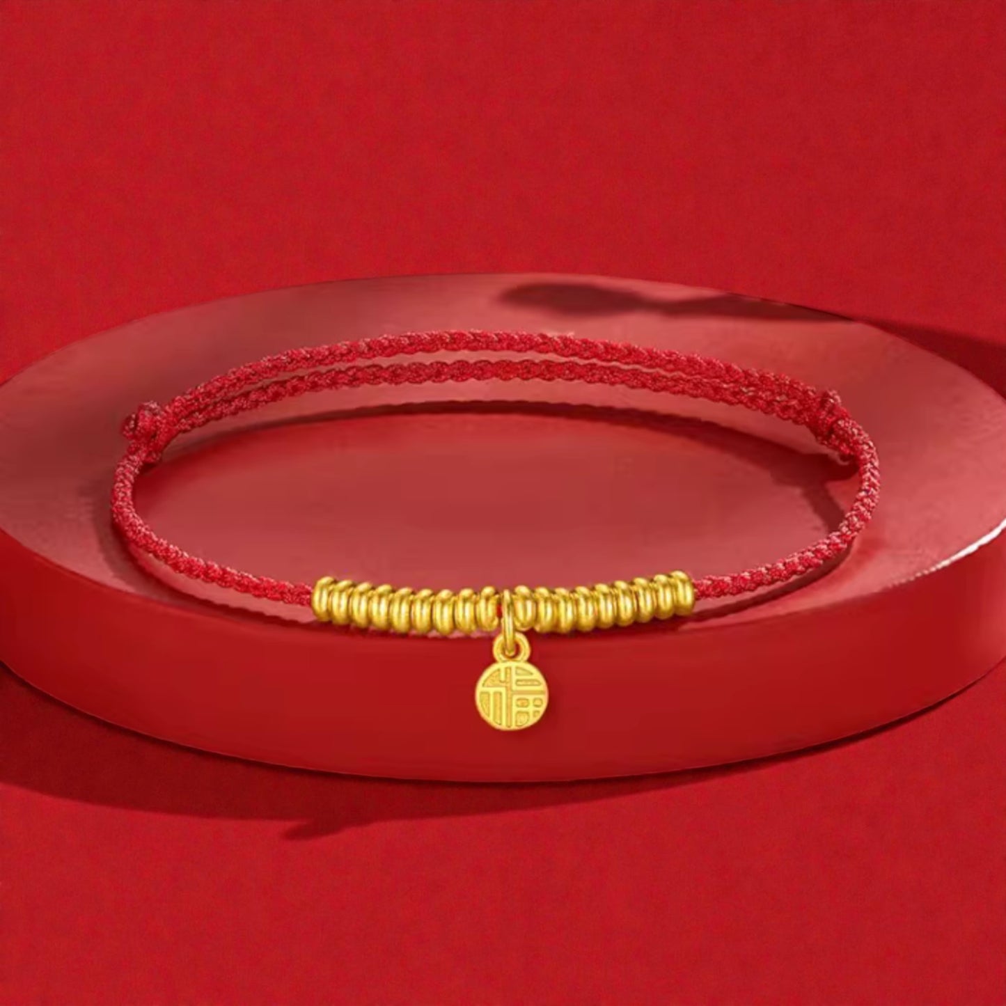 24k 999 Gold Minimal Chinese Blessing Fu Charm Beads Rope Bracelet
