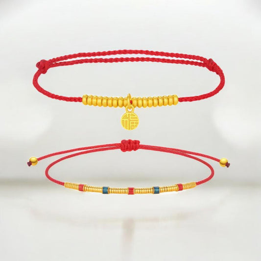 24k 999 Gold Minimal Chinese Blessing Fu Charm Beads Rope Bracelet