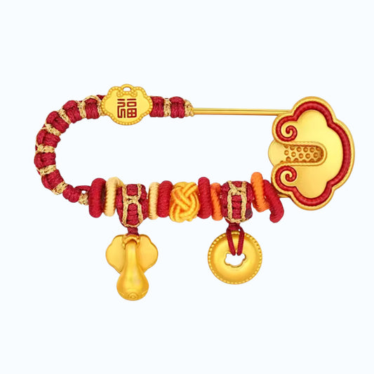 24k 999 5D Hard Chinese Blessing Ruyi Charm Gold Pin Brooch Baby Babyshower Gift