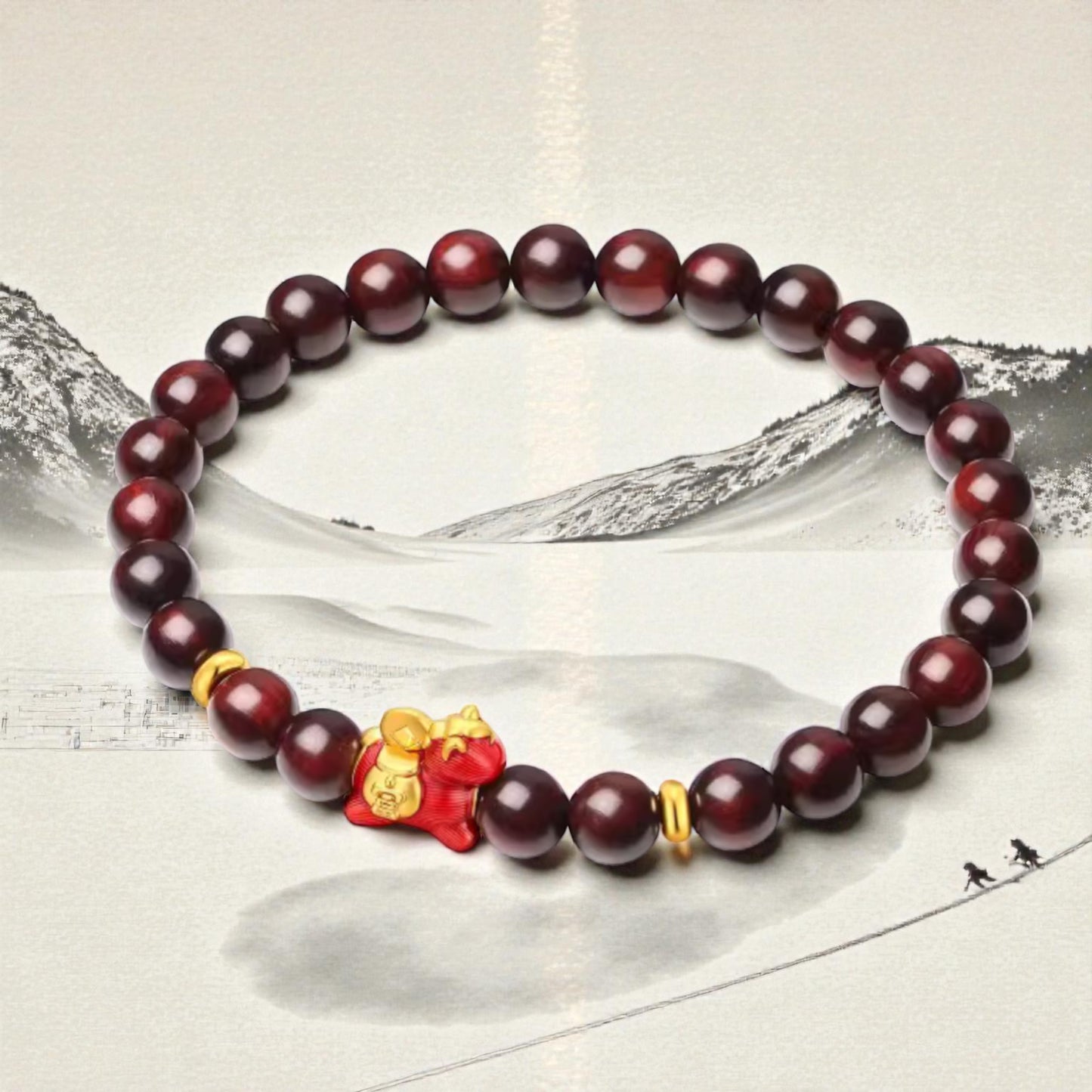24k 999 5D Hard Gold Zodiac Chinese Horse Charm with Red Sandalwood Beads Bracelet