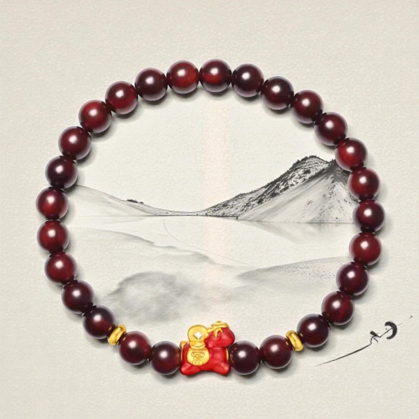 24k 999 5D Hard Gold Zodiac Chinese Horse Charm with Red Sandalwood Beads Bracelet