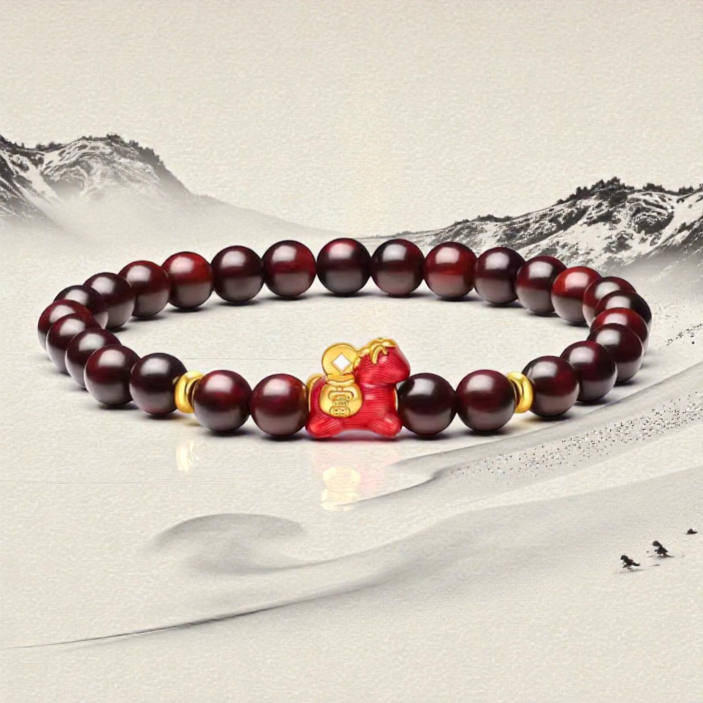 24k 999 5D Hard Gold Zodiac Chinese Horse Charm with Red Sandalwood Beads Bracelet