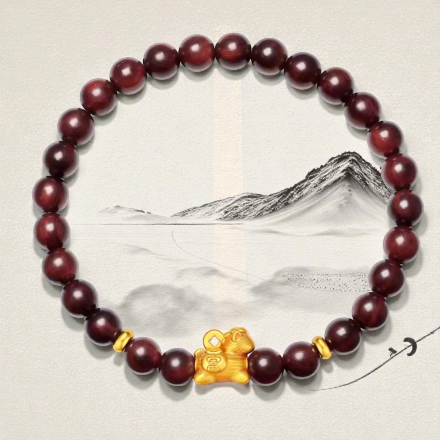 24k 999 5D Hard Gold Zodiac Chinese Horse Charm with Red Sandalwood Beads Bracelet
