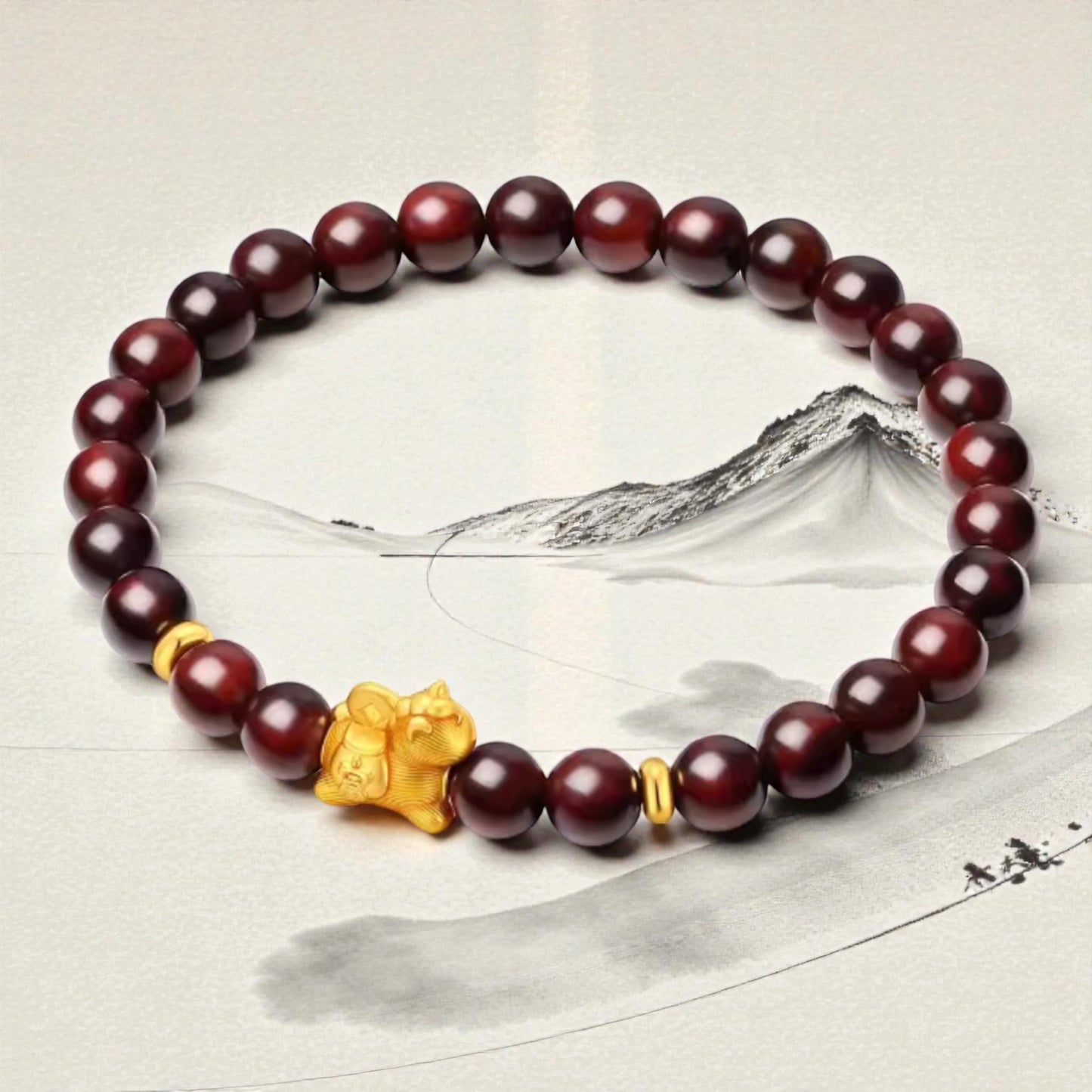 24k 999 5D Hard Gold Zodiac Chinese Horse Charm with Red Sandalwood Beads Bracelet