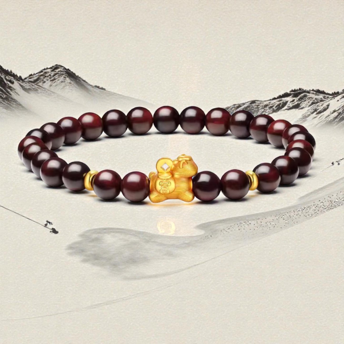 24k 999 5D Hard Gold Zodiac Chinese Horse Charm with Red Sandalwood Beads Bracelet