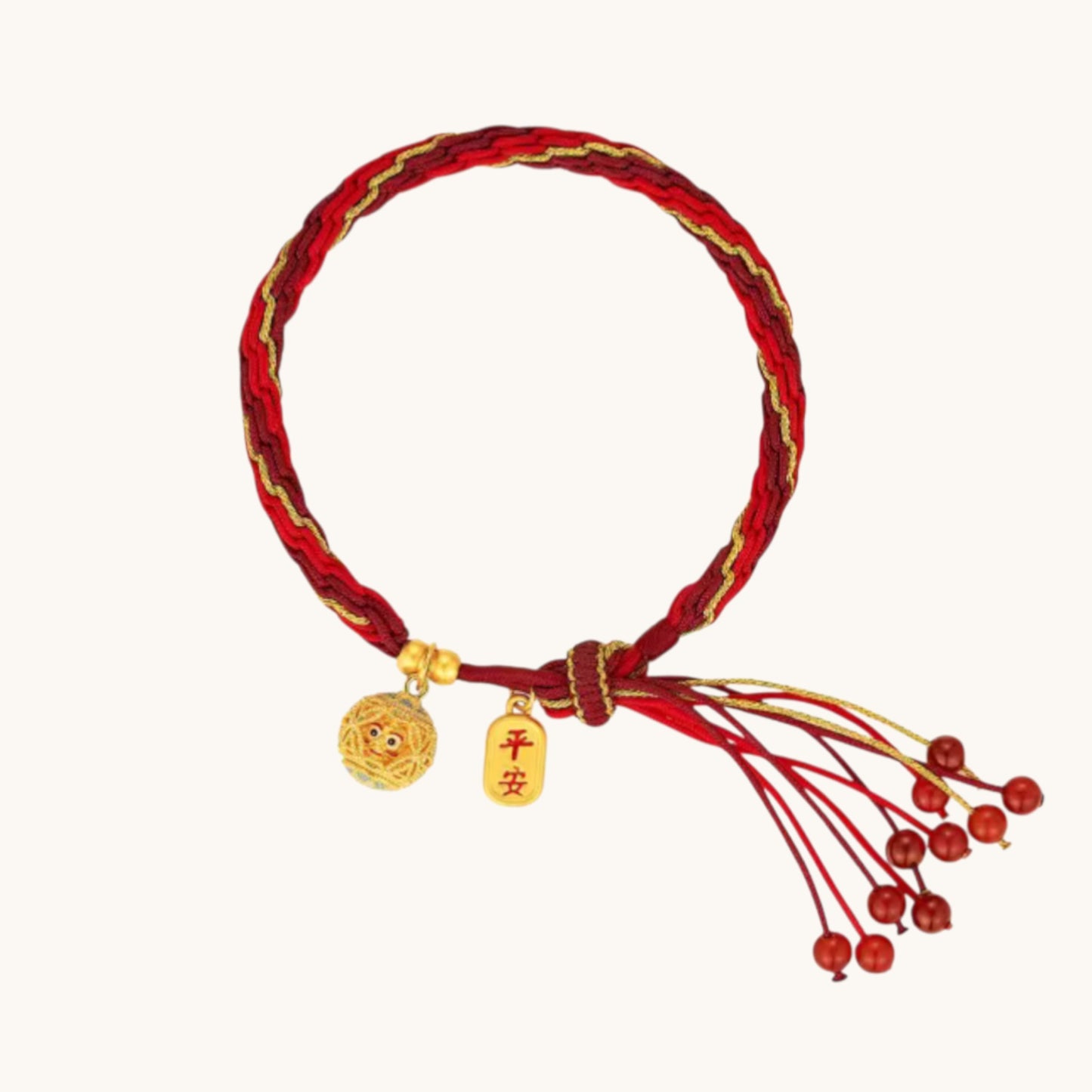 24k 999 5D Hard Gold Auspicious Lion and Peace Charm Braided Agate Bracelet