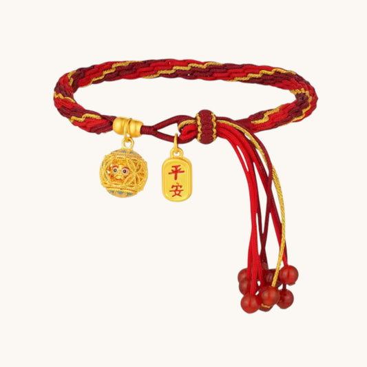 24k 999 5D Hard Gold Auspicious Lion and Peace Charm Braided Agate Bracelet