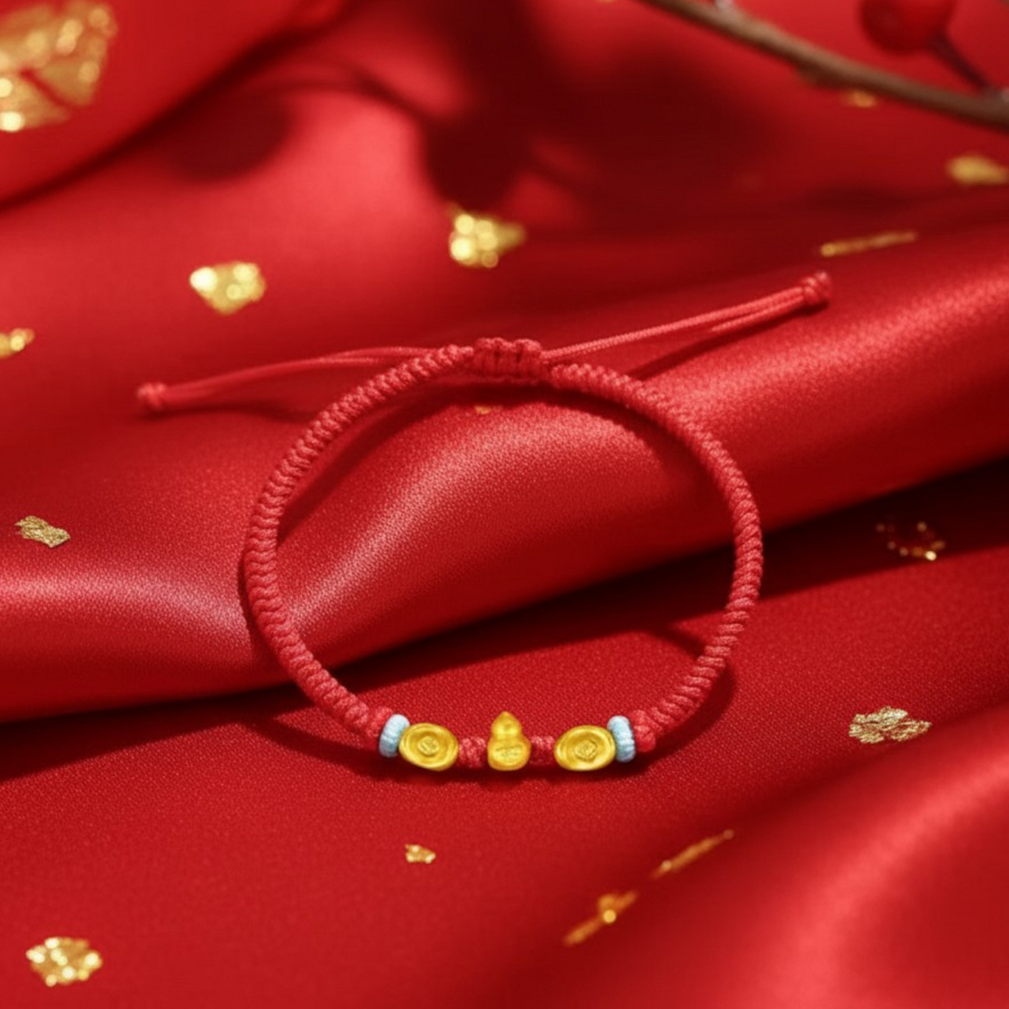 24k 999 Gold 5D Hard Gold Gourd Ingot Charm Red Woven Adjustable Bracelet