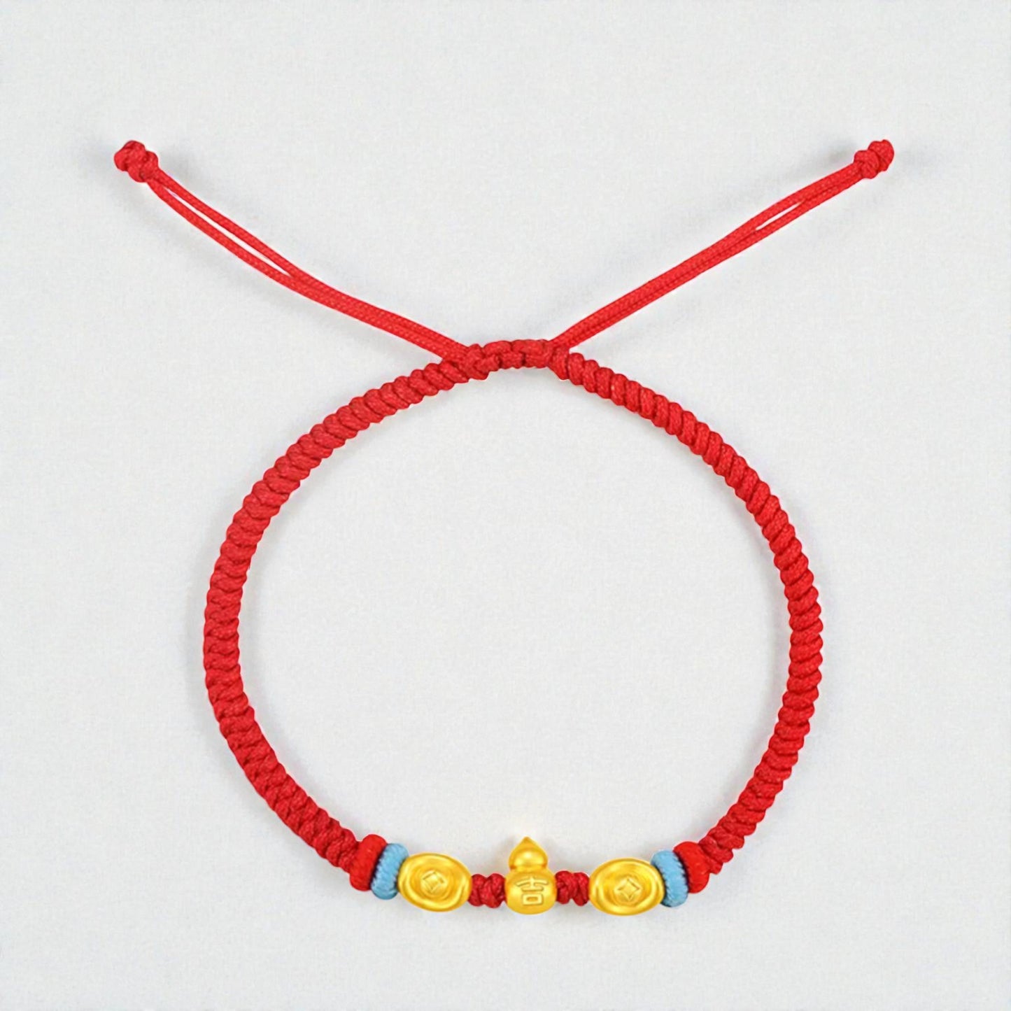 24k 999 Gold 5D Hard Gold Gourd Ingot Charm Red Woven Adjustable Bracelet