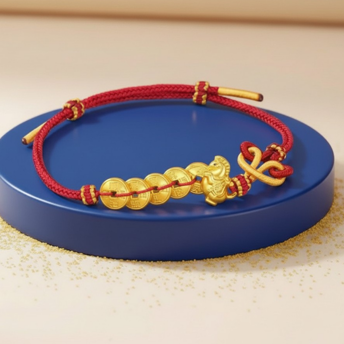 24k 999 Gold Five Emperor Coins Zodiac Horse Charm Woven Adjustable Bracelet