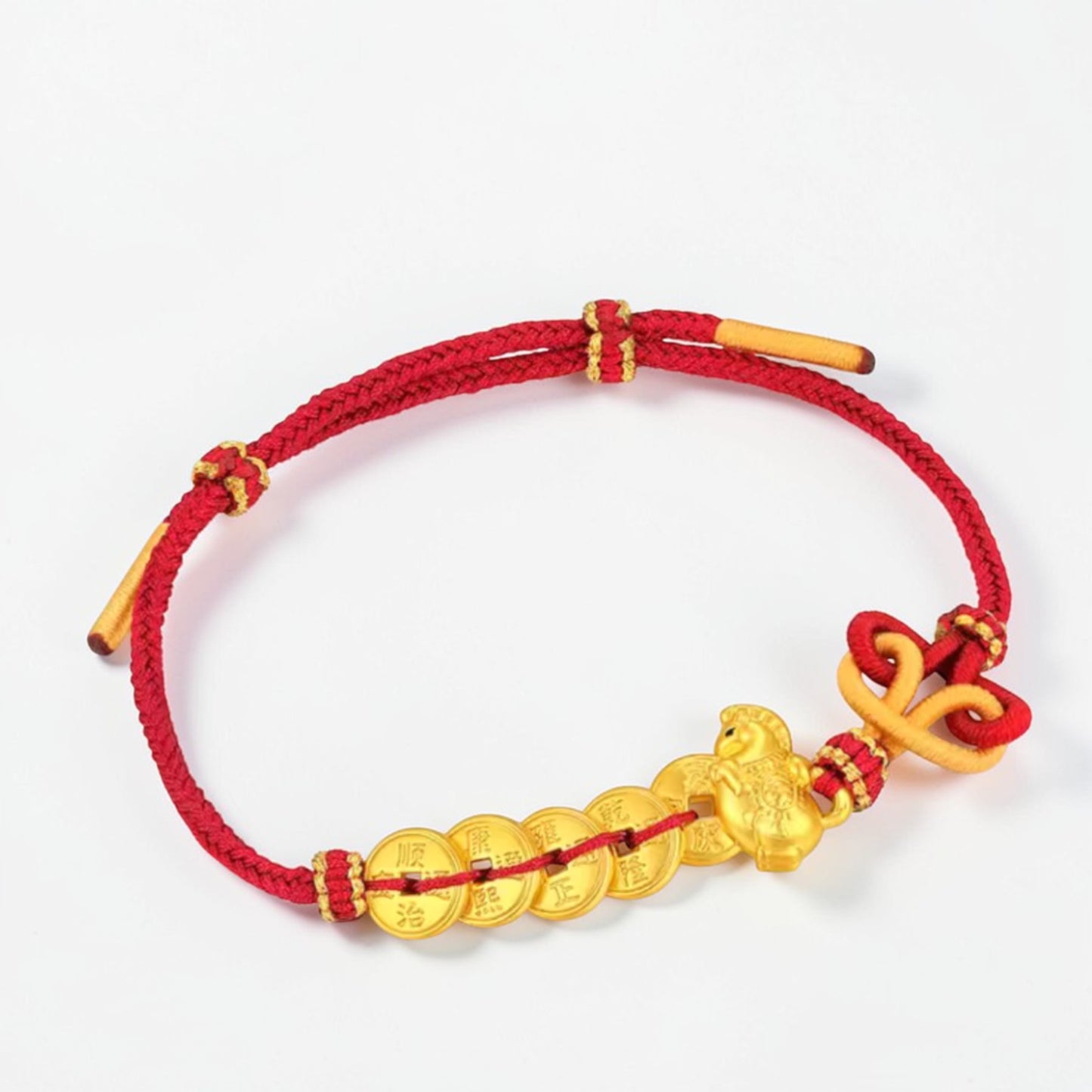 24k 999 Gold Five Emperor Coins Zodiac Horse Charm Woven Adjustable Bracelet