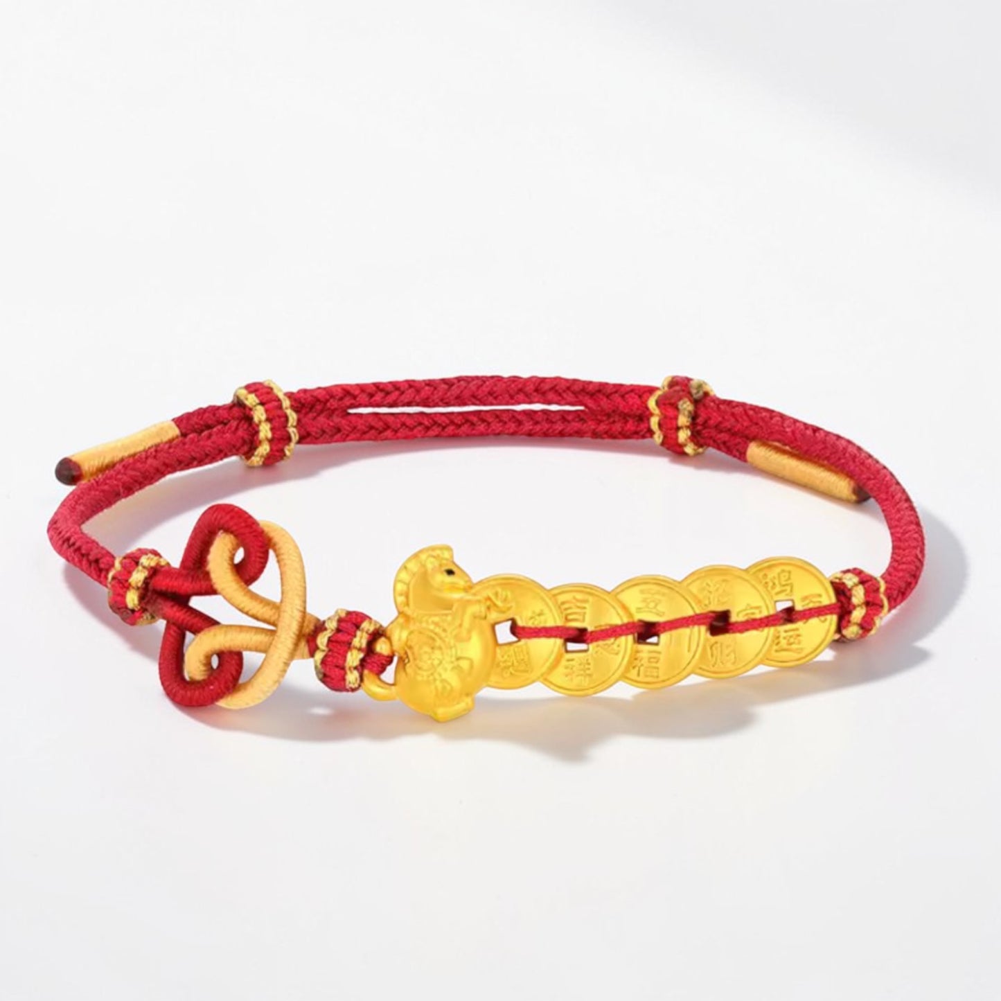 24k 999 Gold Five Emperor Coins Zodiac Horse Charm Woven Adjustable Bracelet