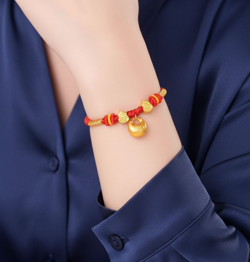 24k 999 Gold Gourd and Blessing Bag Charm Woven Adjustable Bracelet