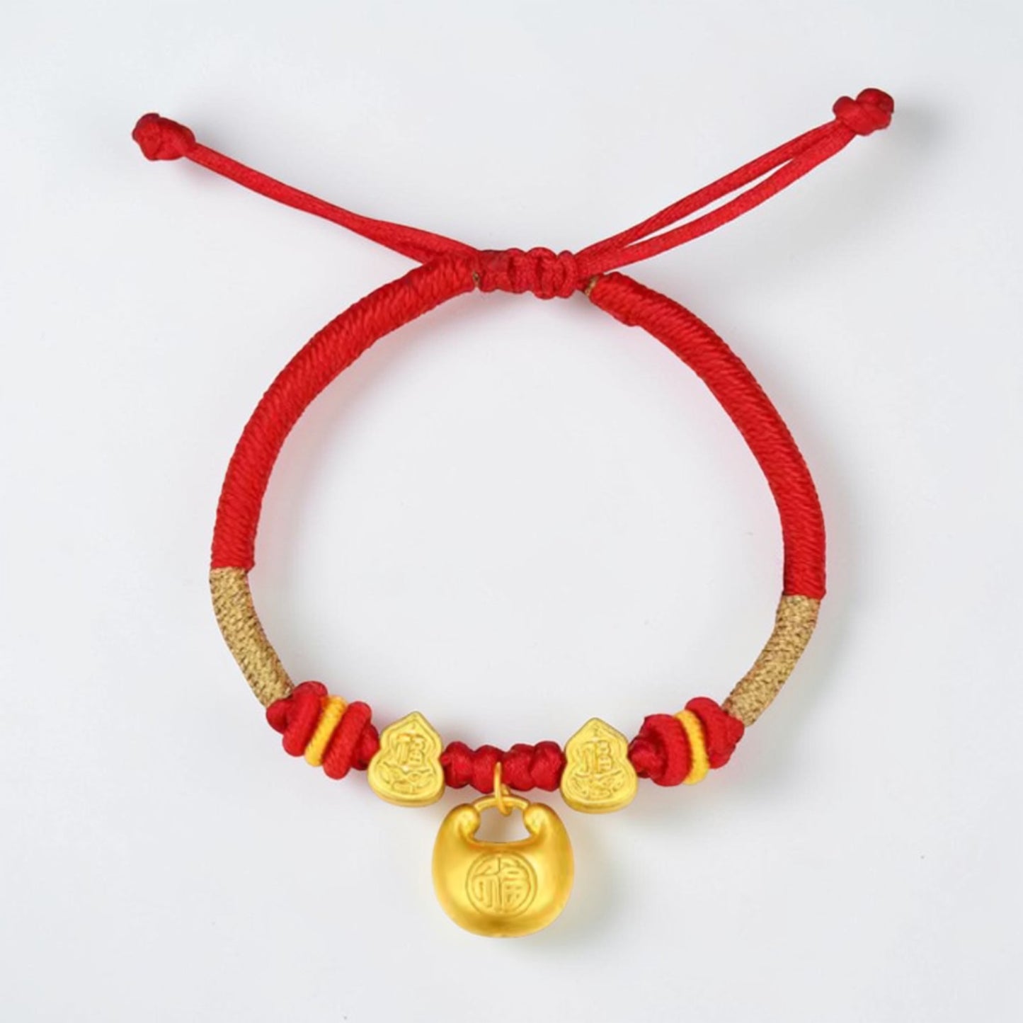 24k 999 Gold Gourd and Blessing Bag Charm Woven Adjustable Bracelet