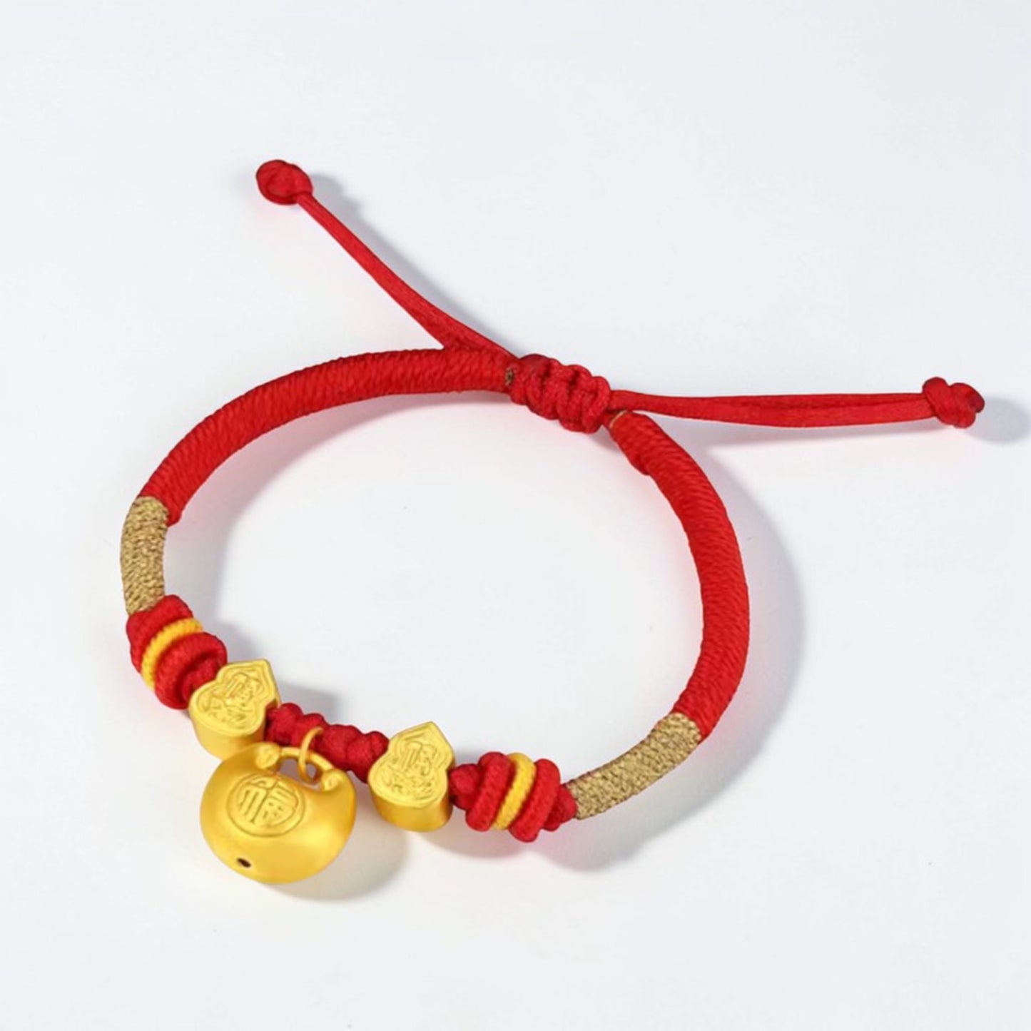 24k 999 Gold Gourd and Blessing Bag Charm Woven Adjustable Bracelet