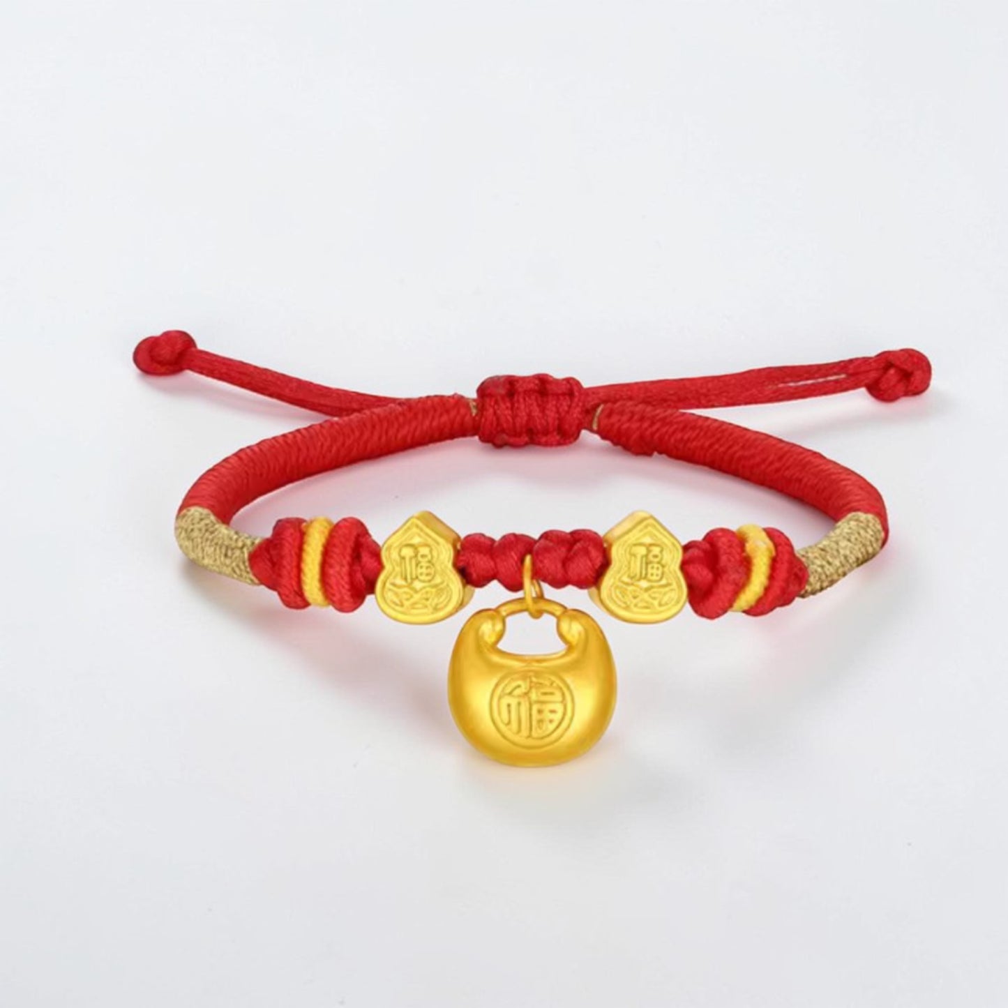 24k 999 Gold Gourd and Blessing Bag Charm Woven Adjustable Bracelet