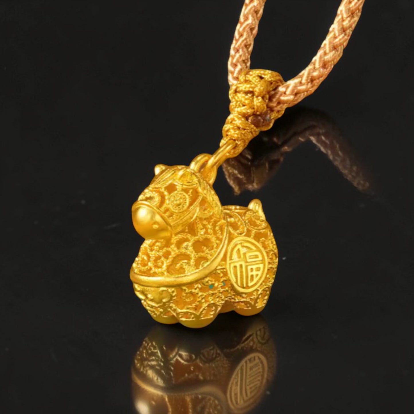 24k Gold Chinese Zodiac Year of the Horse Pendant with Rope Necklace