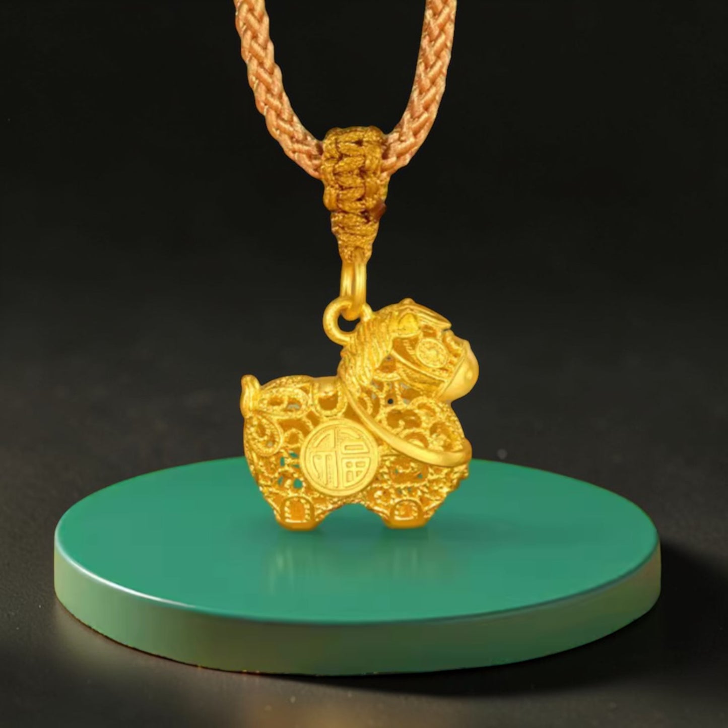 24k Gold Chinese Zodiac Year of the Horse Pendant with Rope Necklace