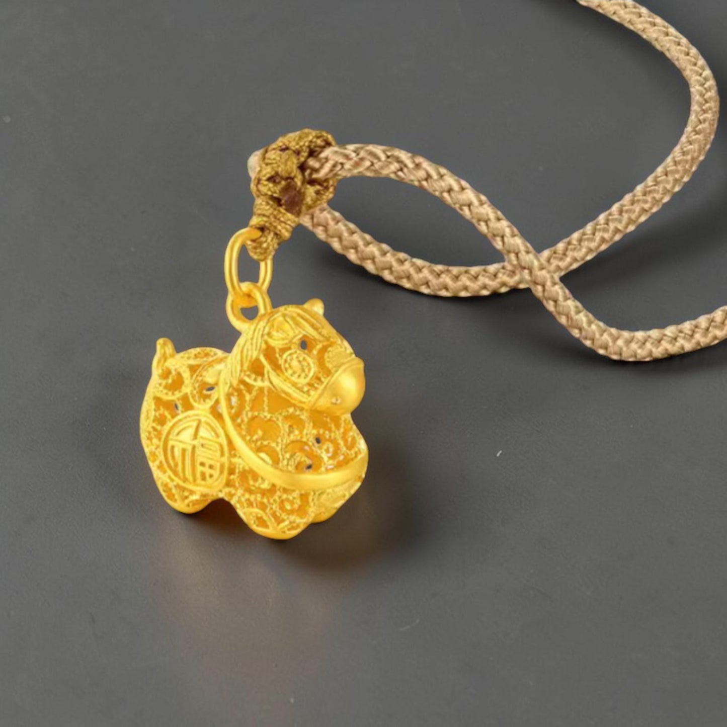 24k Gold Chinese Zodiac Year of the Horse Pendant with Rope Necklace