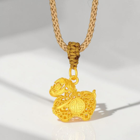 24k Gold Chinese Zodiac Year of the Horse Pendant with Rope Necklace